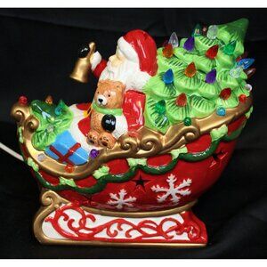 Roman 10'' Santa Sleigh Riding Ceramic Light Up Figure Ball Bear Present Holiday